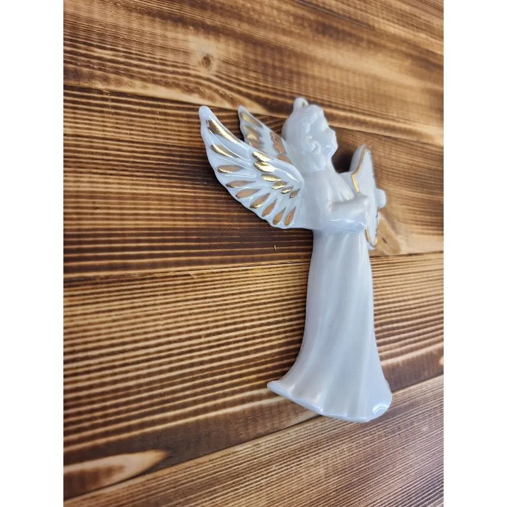 Vintage Enesco‎ angel with Harp E-9032 gold Flat Back christmas Ornament Hanging